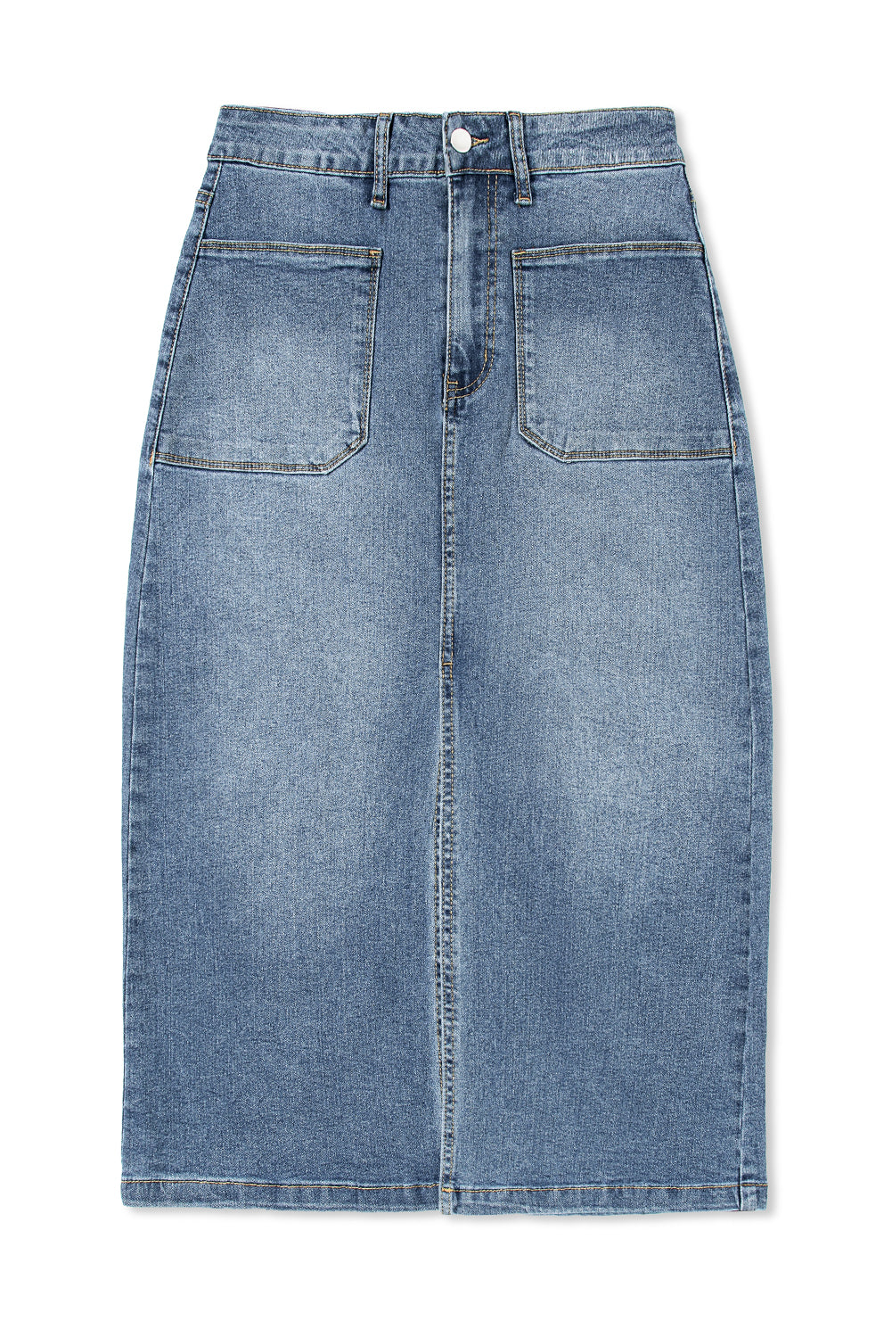 Jupe midi en jean bleu ciel avec 4 poches plaquées et fente sur le devant