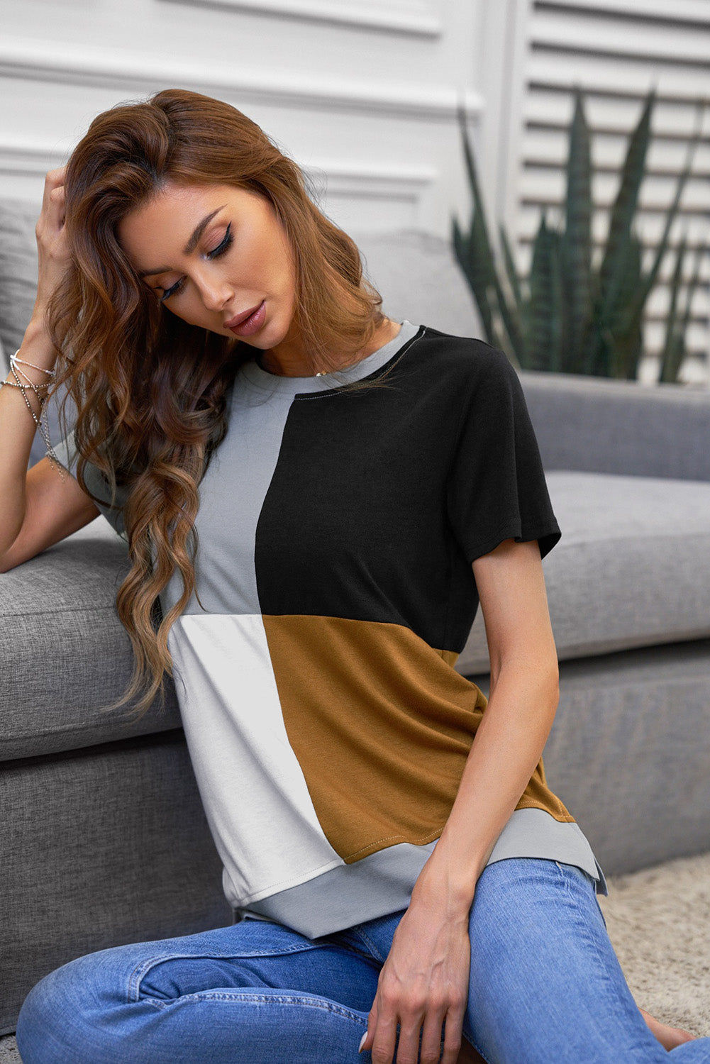 Army Green Colorblock T-shirt with Slits