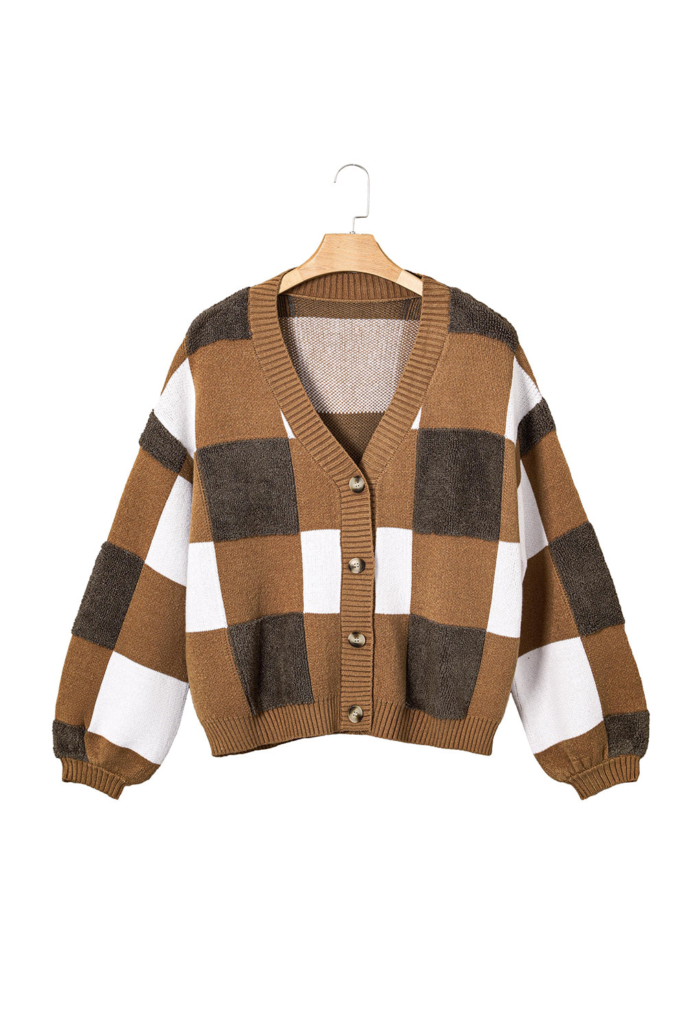 Cardigan marron boutonné à bordure côtelée et à carreaux en tricot