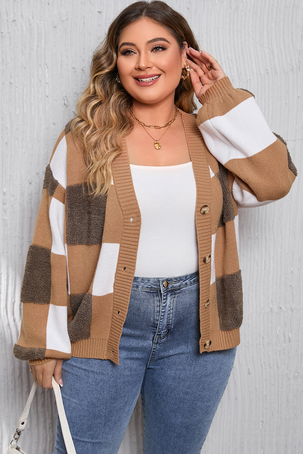 Brown Checkered Knit Ribbed Trim Buttoned Plus Cardigan