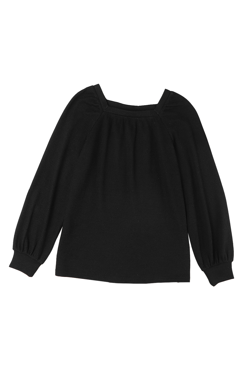 Black Scoop Neck Puff Sleeve Waffle Knit Top