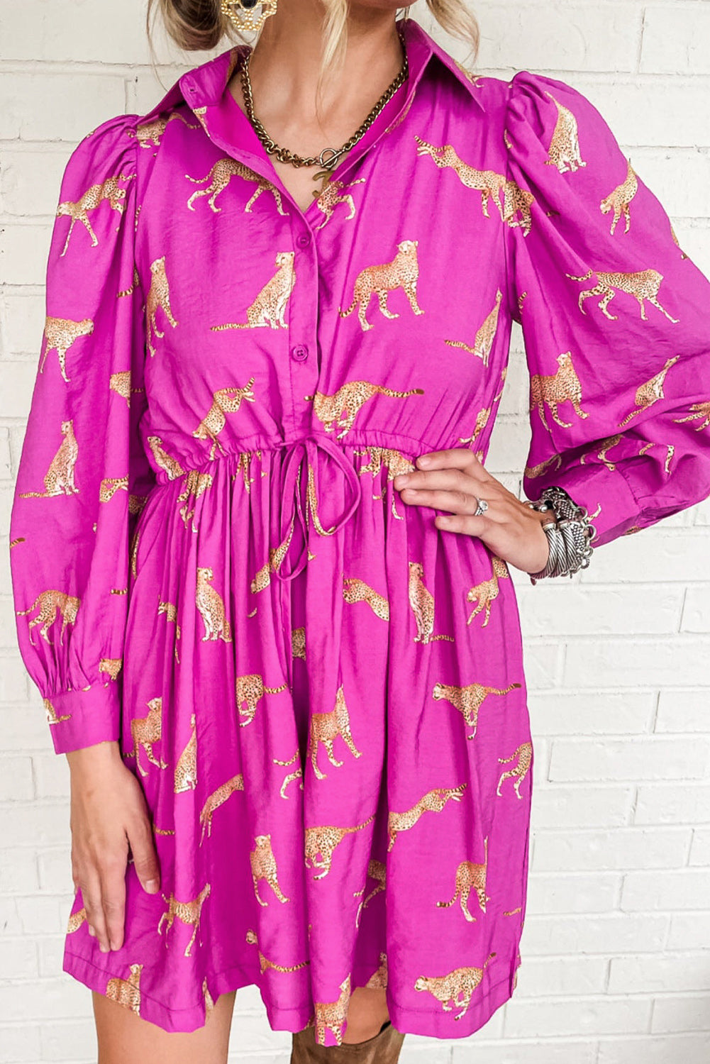 Robe chemise tunique à cordon de serrage imprimé guépard rose