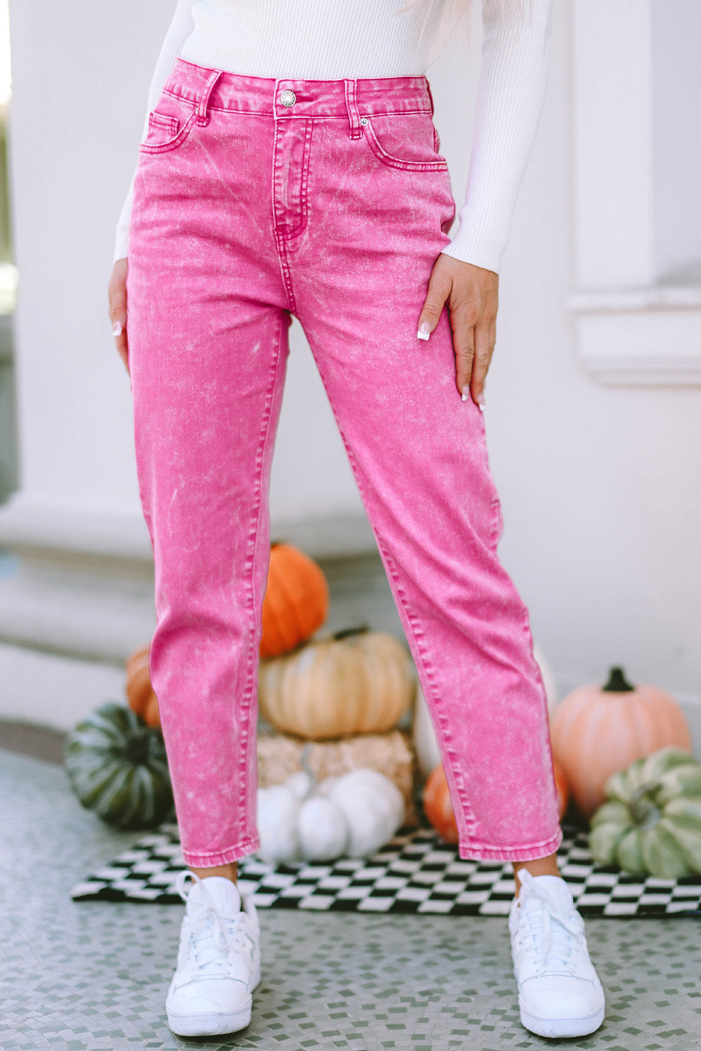 Jeans casual con bottoni con tasca a vita media rosa