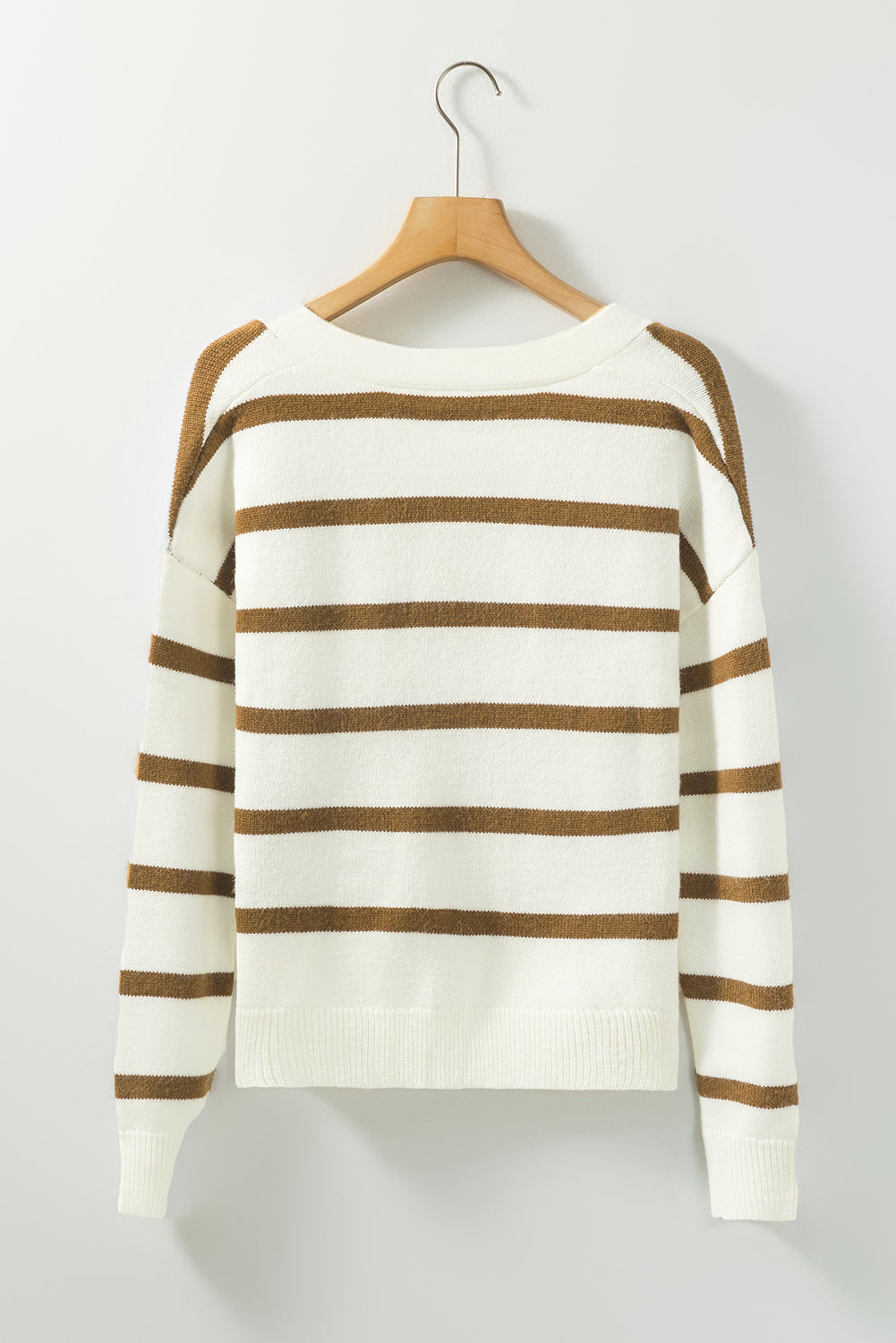 White Striped Knit V Neck Sweater Cardigan