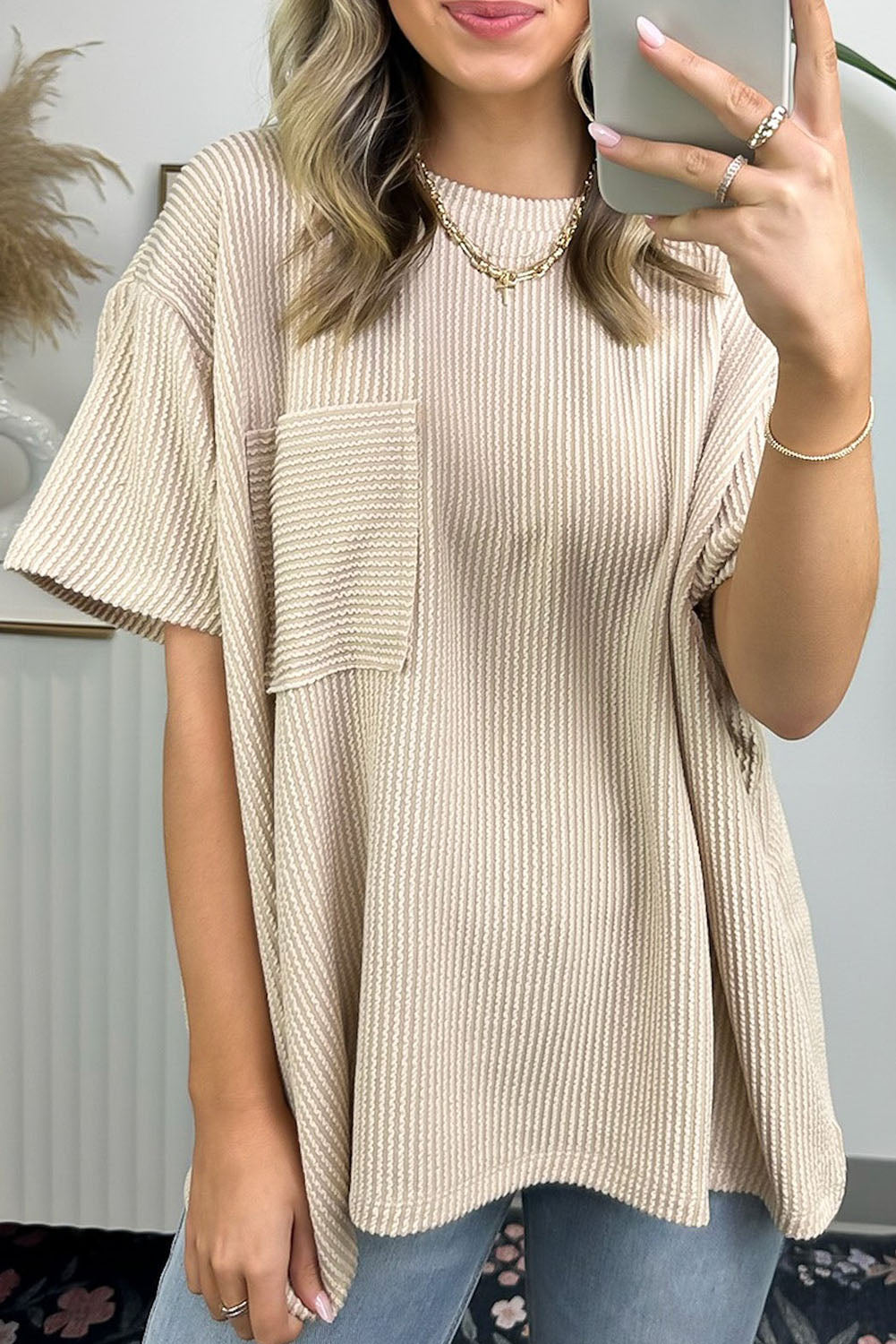 Beige Corded Knit Pocketed Loose Fit T Shirt