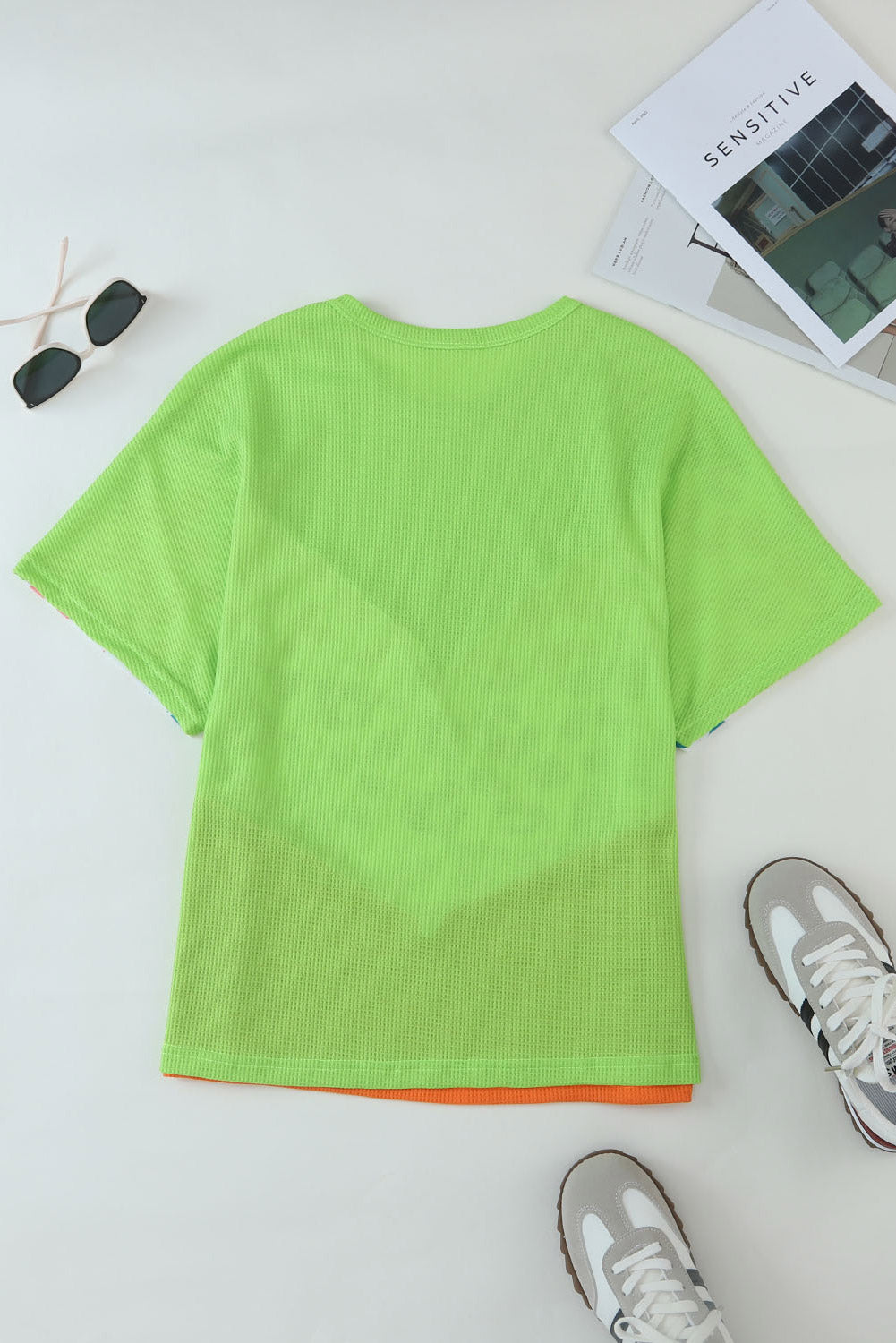T-shirt patchwork en tricot gaufré léopard color block vert