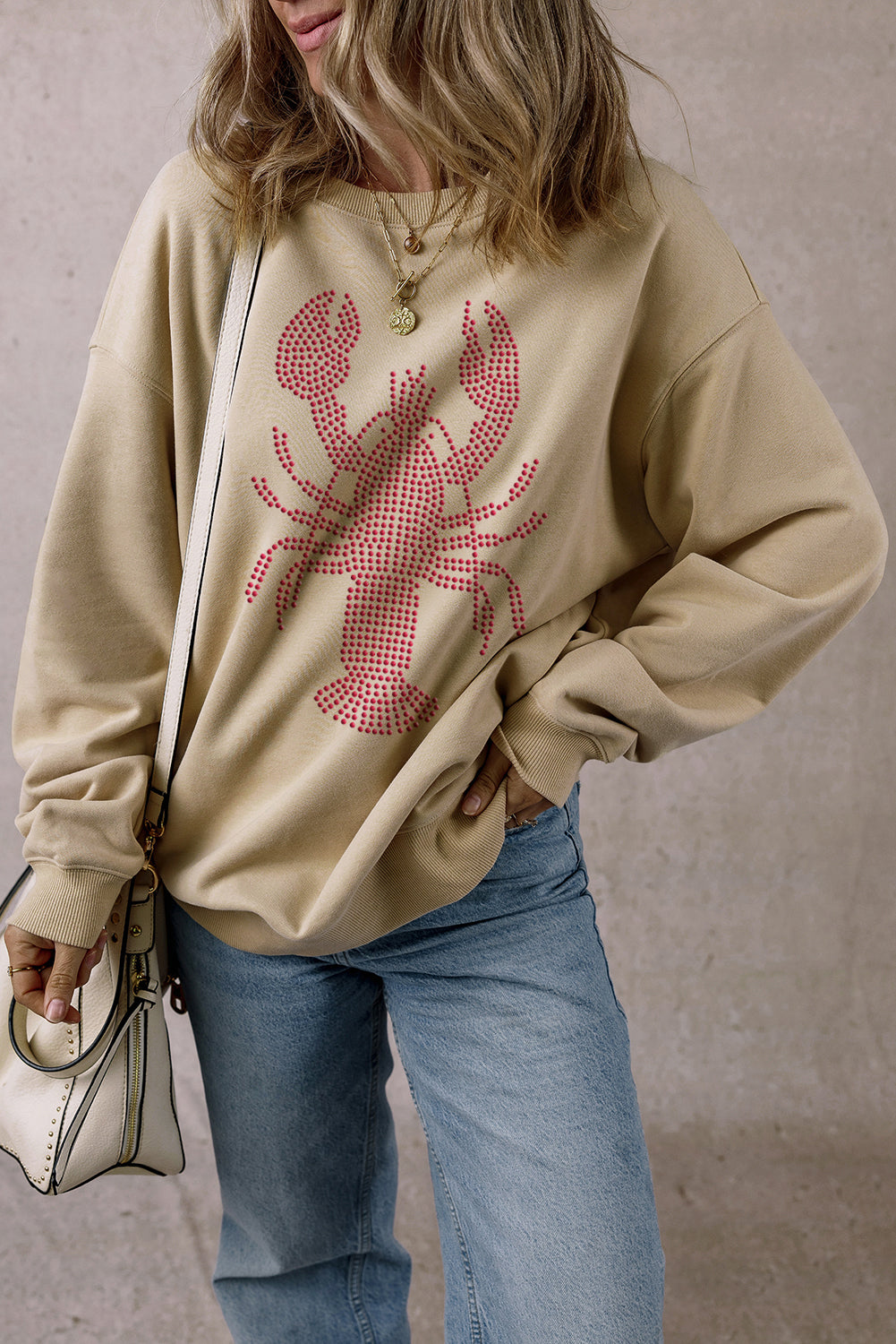 Pergament-Strass-Crawfish-Grafik-Rundhals-Sweatshirt in Übergröße