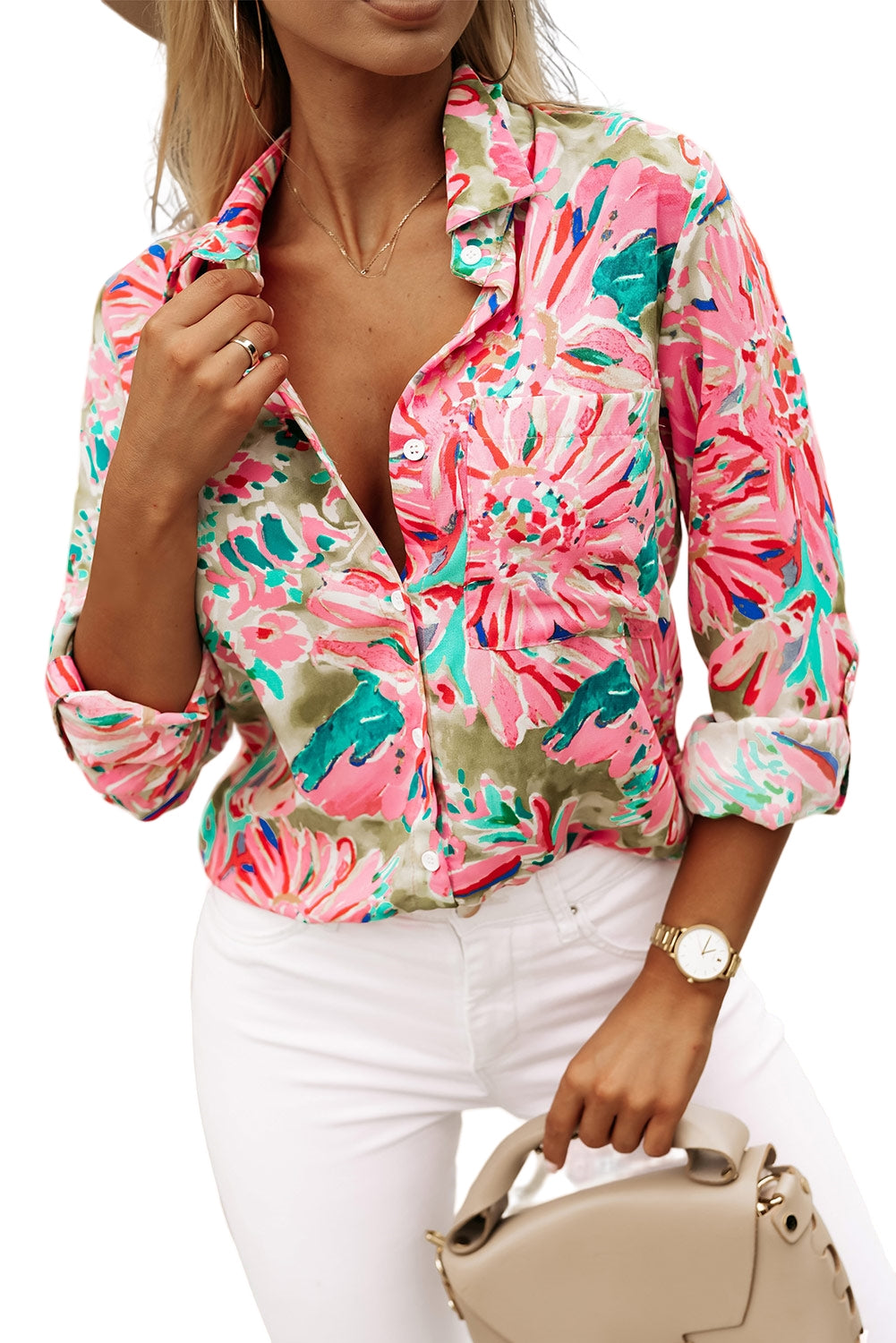 Green Abstract Floral Print Buttoned Sheath Long Sleeve Shirt
