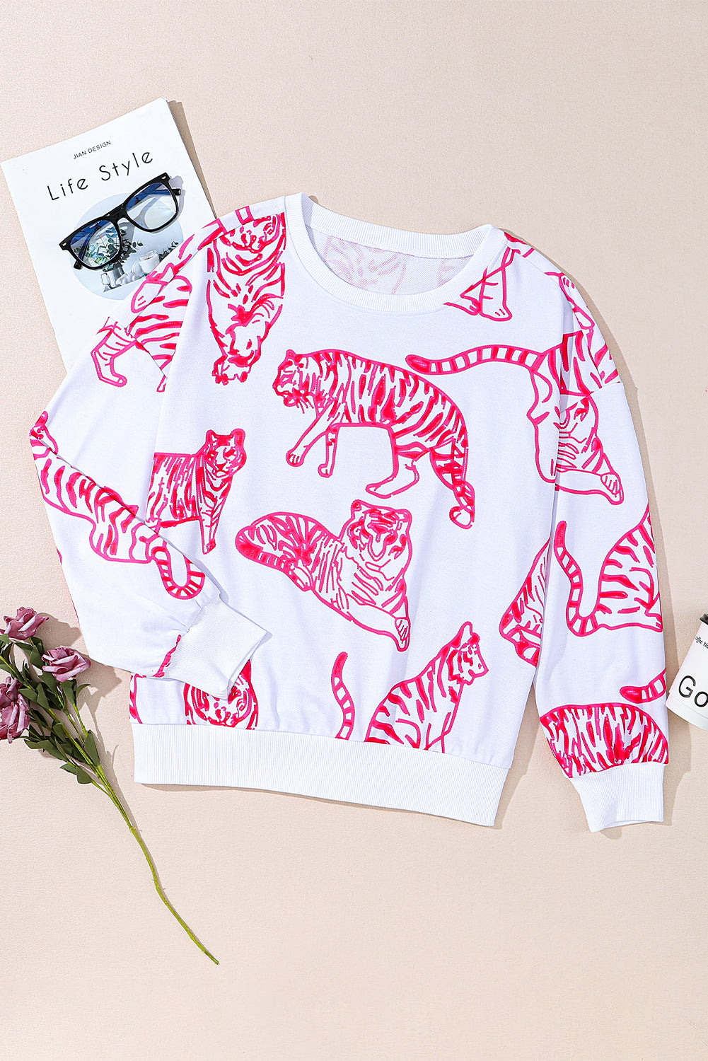 Felpa pullover con stampa animalier rosa bianco brillante