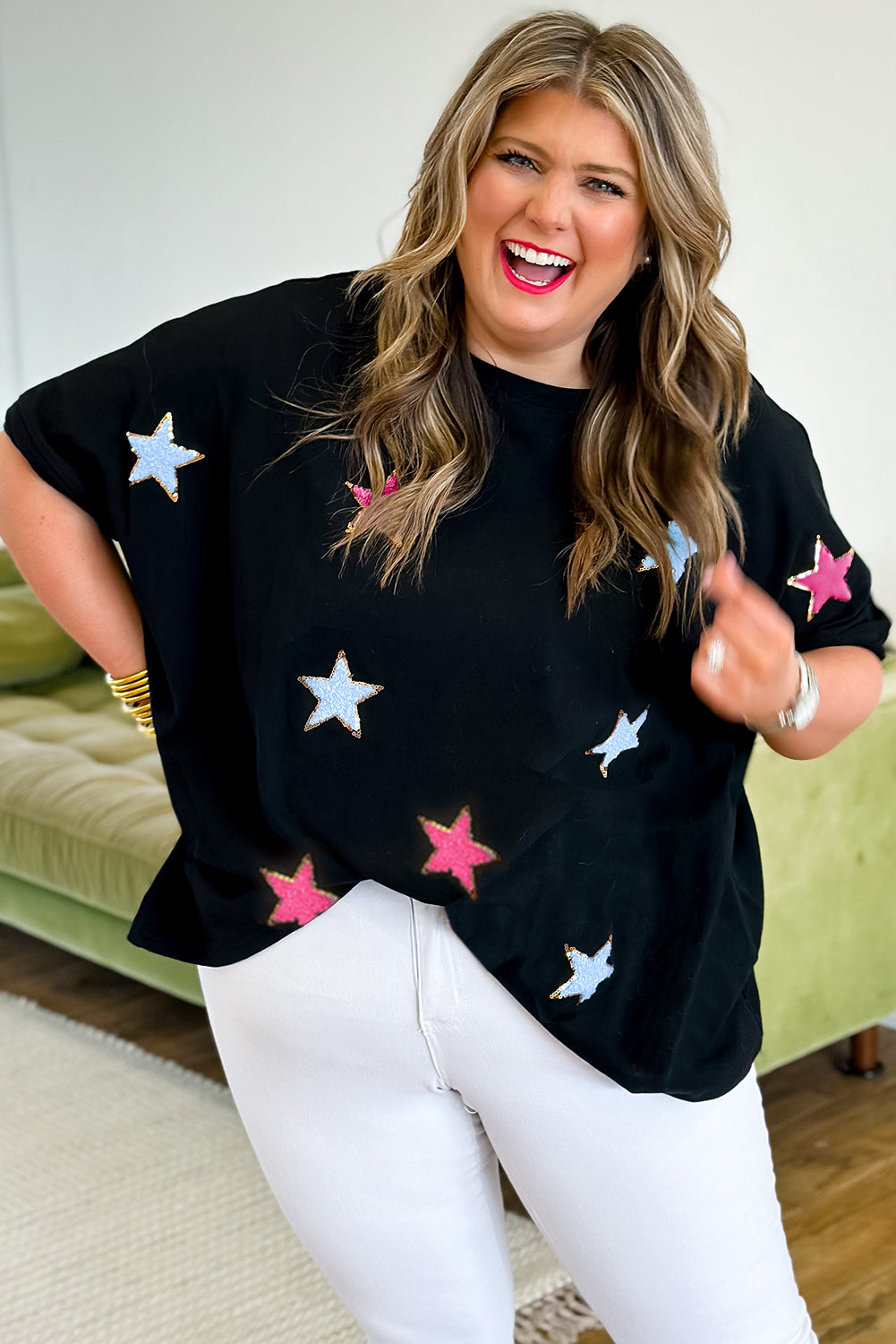 T-shirt noir à paillettes et motif étoile en chenille, grande taille