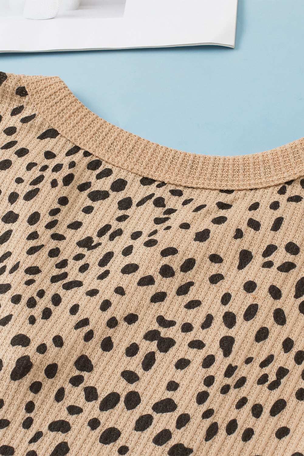 Leopard Print Waffle Knit Patchwork Exposed Seam Top