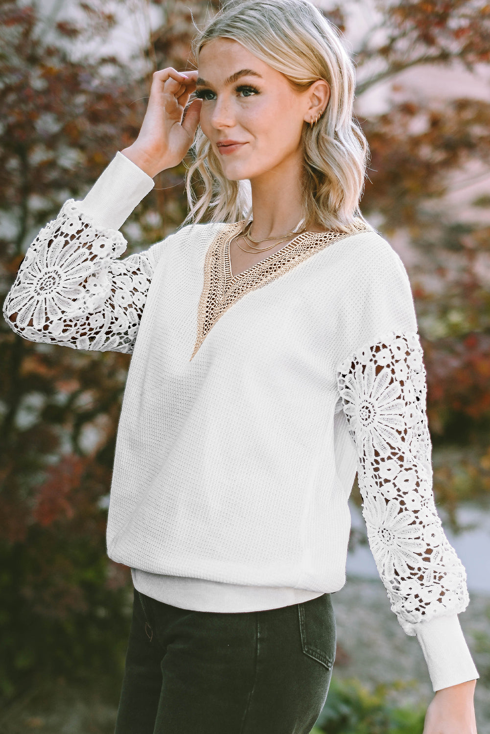 Gray Lace Splicing V Neck Puff Sleeve Top