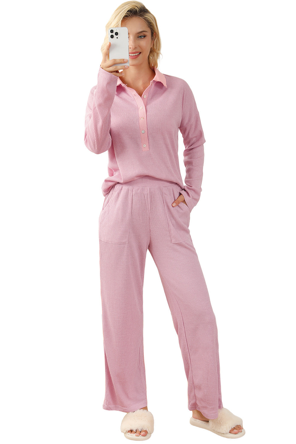 Pink Ribbed Knit Collared Henley Top and Pants Lounge Outfit