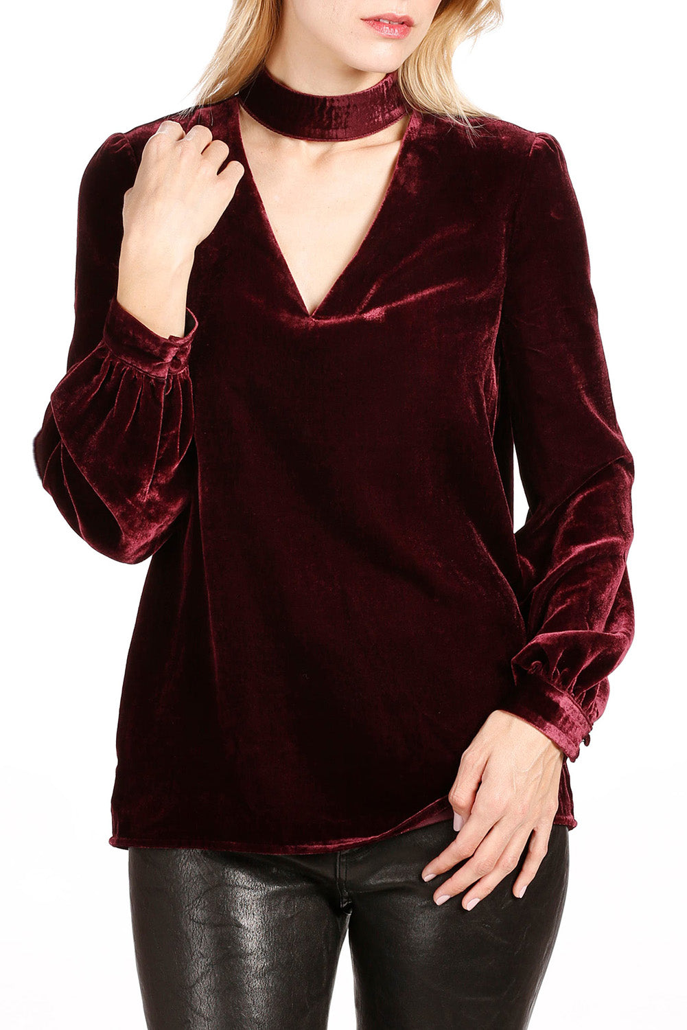 Ausgehöhlte Velours-Bluse aus Veloursleder mit Halsbandausschnitt in Rot