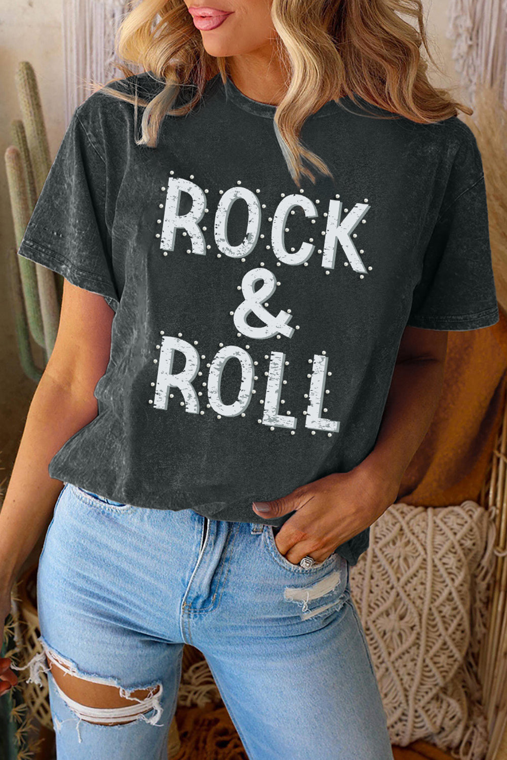 Schwarzes ROCK & ROLL Mineral Wash T-Shirt mit Rundhalsausschnitt