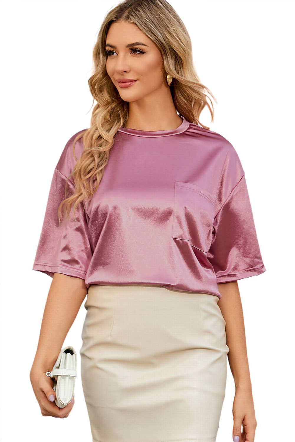 Ružičasta široka majica s džepovima na prsima