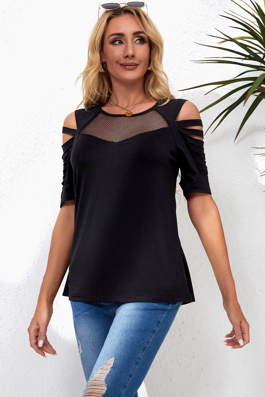 Black Fishnet Splicing Strappy Cutout Shoulder Sleeve Top