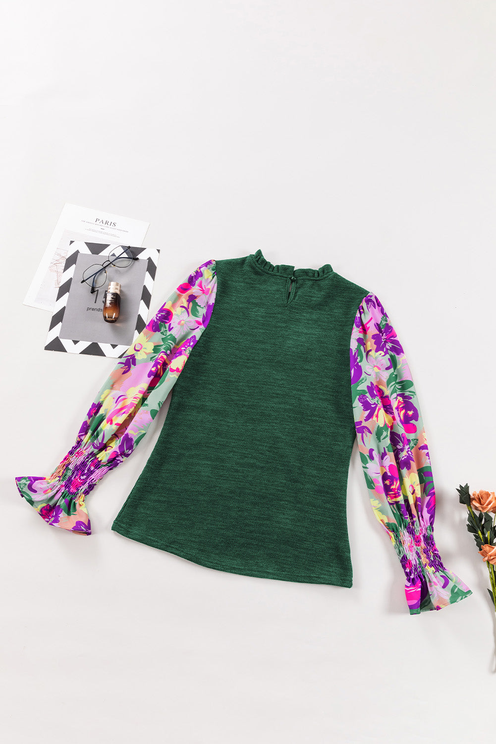 Mist Green Ribbed Frill Neck Floral Print Long Sleeve Top