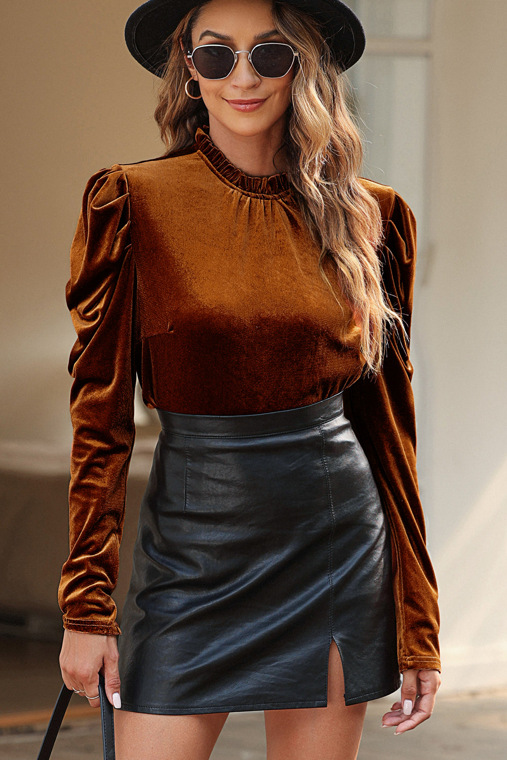 Chestnut Frilled Collar Puff Sleeve Velvet Top