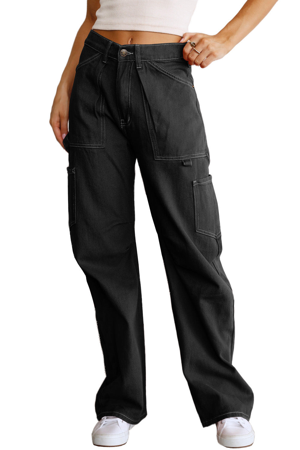 Črne ravne kargo hlače z visokim pasom in žepi
