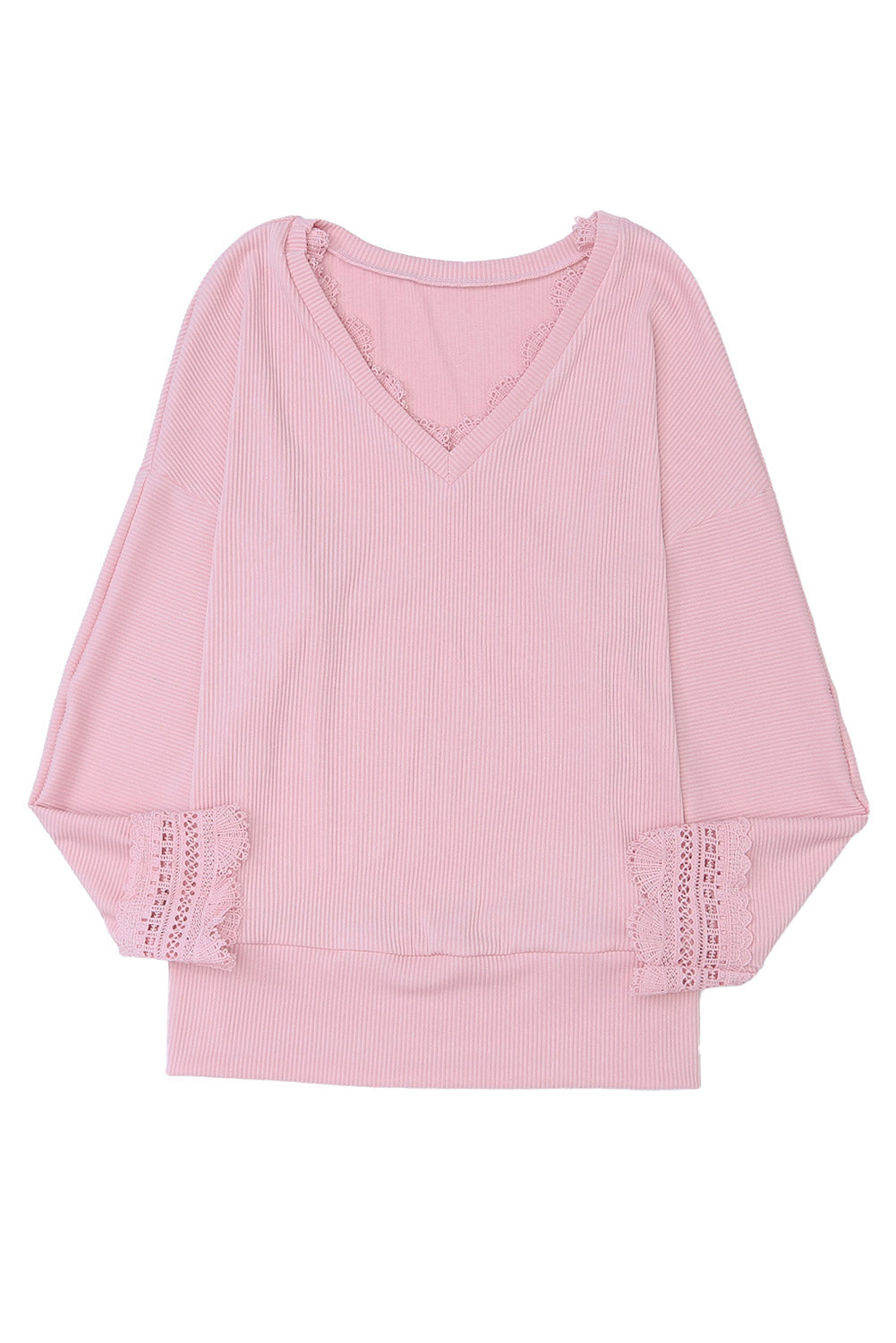 Majica z dolgimi rokavi z v-izrezom in čipkasto obrobo iz rožnate rebraste teksture