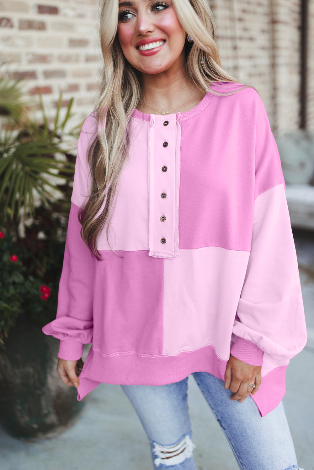 Sweat-shirt oversize rose color block Henley High Low