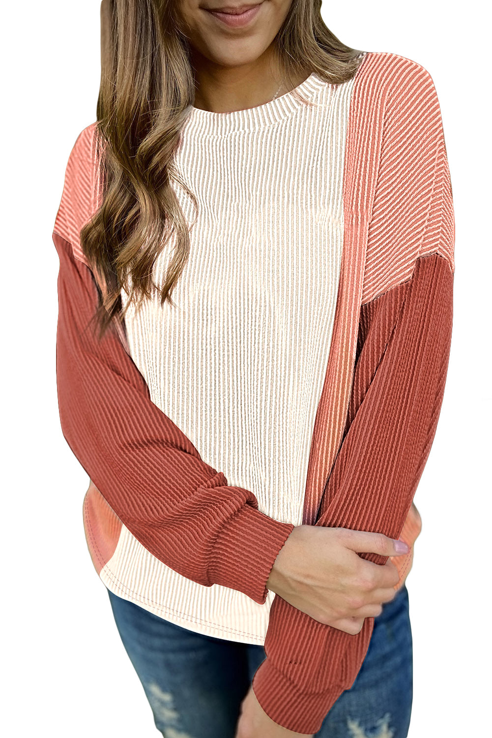 Pale Chestnut Color Block Corded Long Sleeve Top