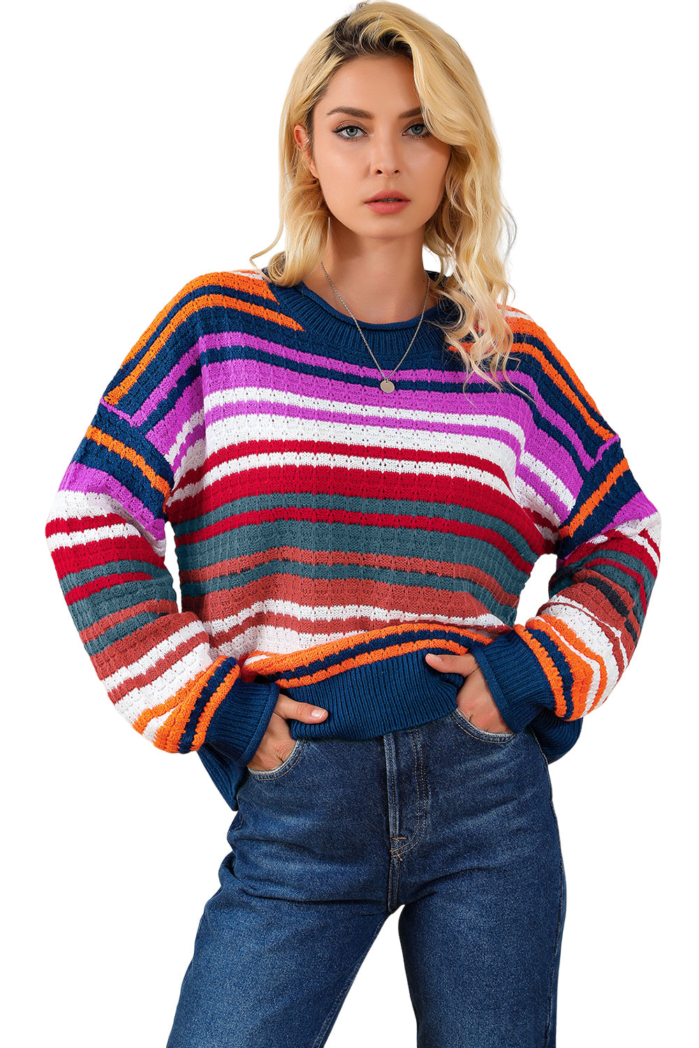 Modni široki pulover s črtami boho na spuščena ramena