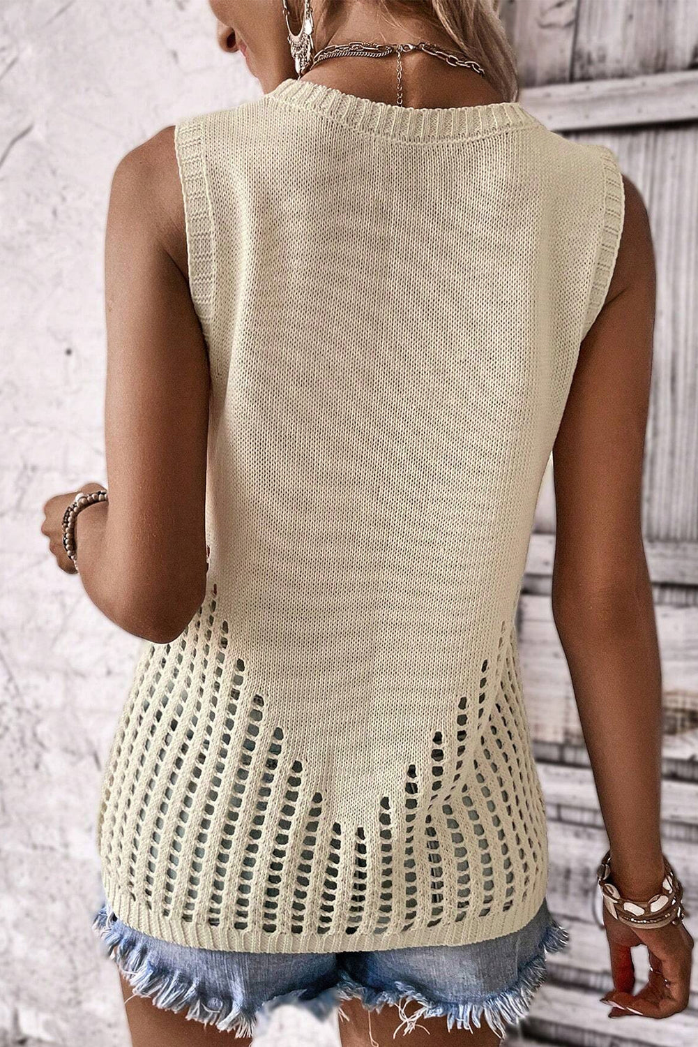 Gilet maglione lavorato a maglia tinta unita con dettagli Pointelle beige