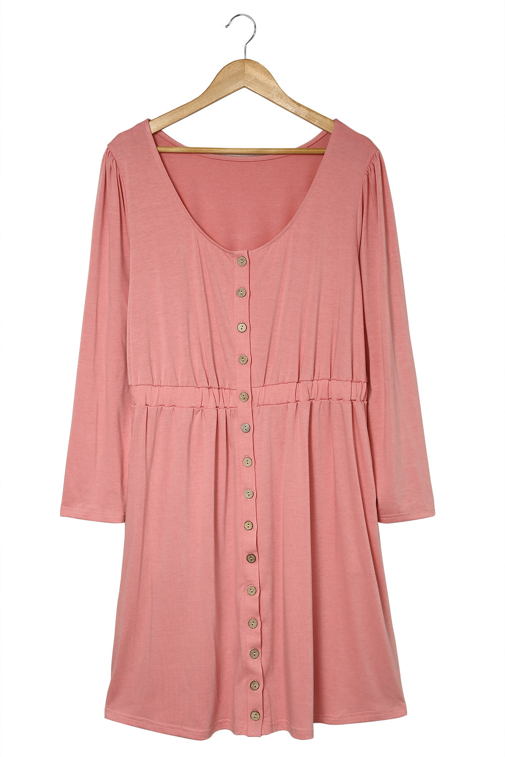 Rosafarbenes, einfarbiges, langärmliges Kleid in Übergröße mit Knopfleiste vorne