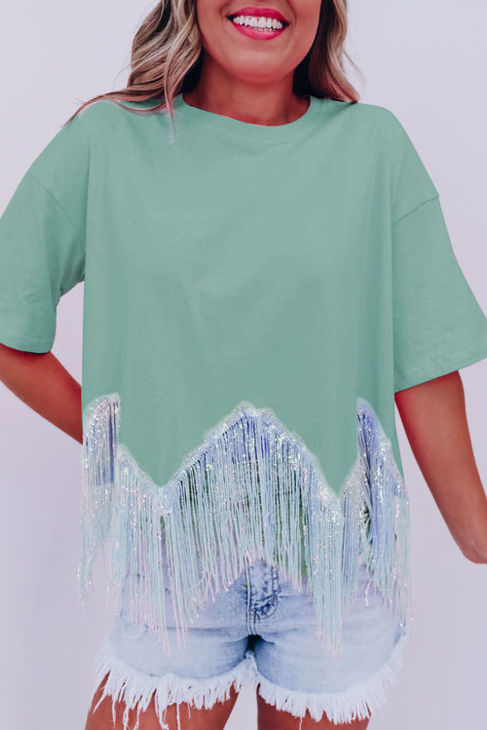 Moonlight Jade Crop T-Shirt mit Fransen und Pailletten