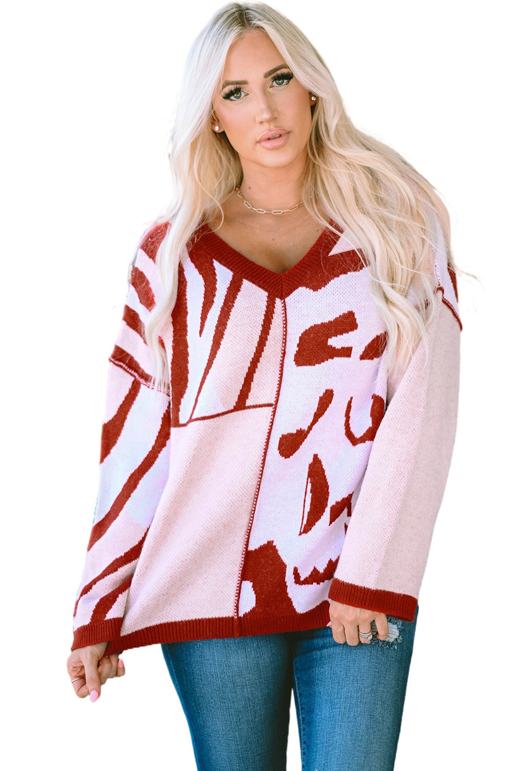 Fiery Red Mix Pattern Knit Ribbed Trim Oversize Sweater