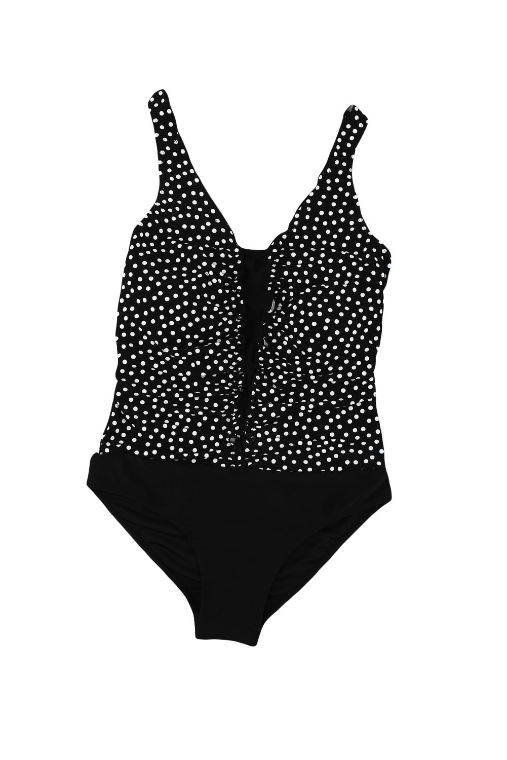 Black Dotted Print Ruffles One-piece Swimsuit