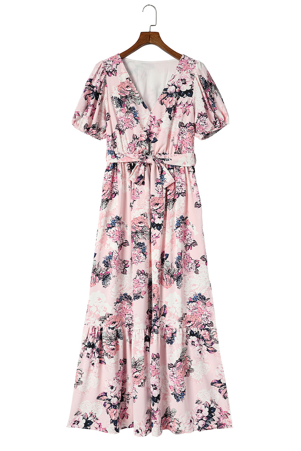 Ružičasta maksi haljina s puf rukavima i visokim strukom s cvjetnim motivima