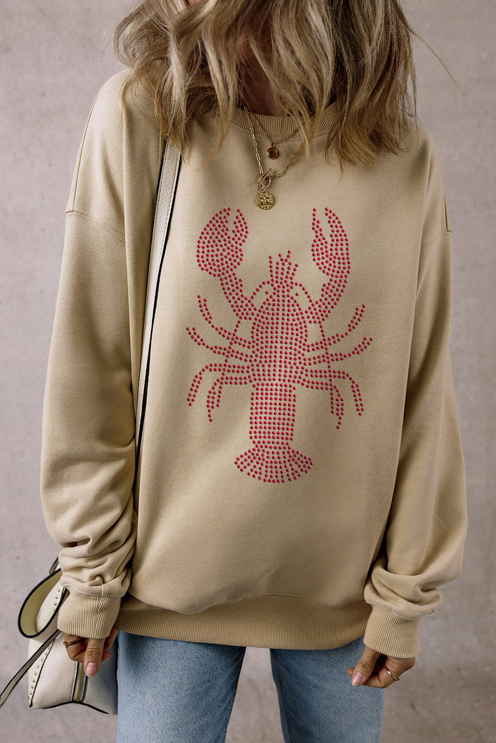 Parchment Rhinestone Crawfish Graphic Crewneck Oversized Sweatshirt