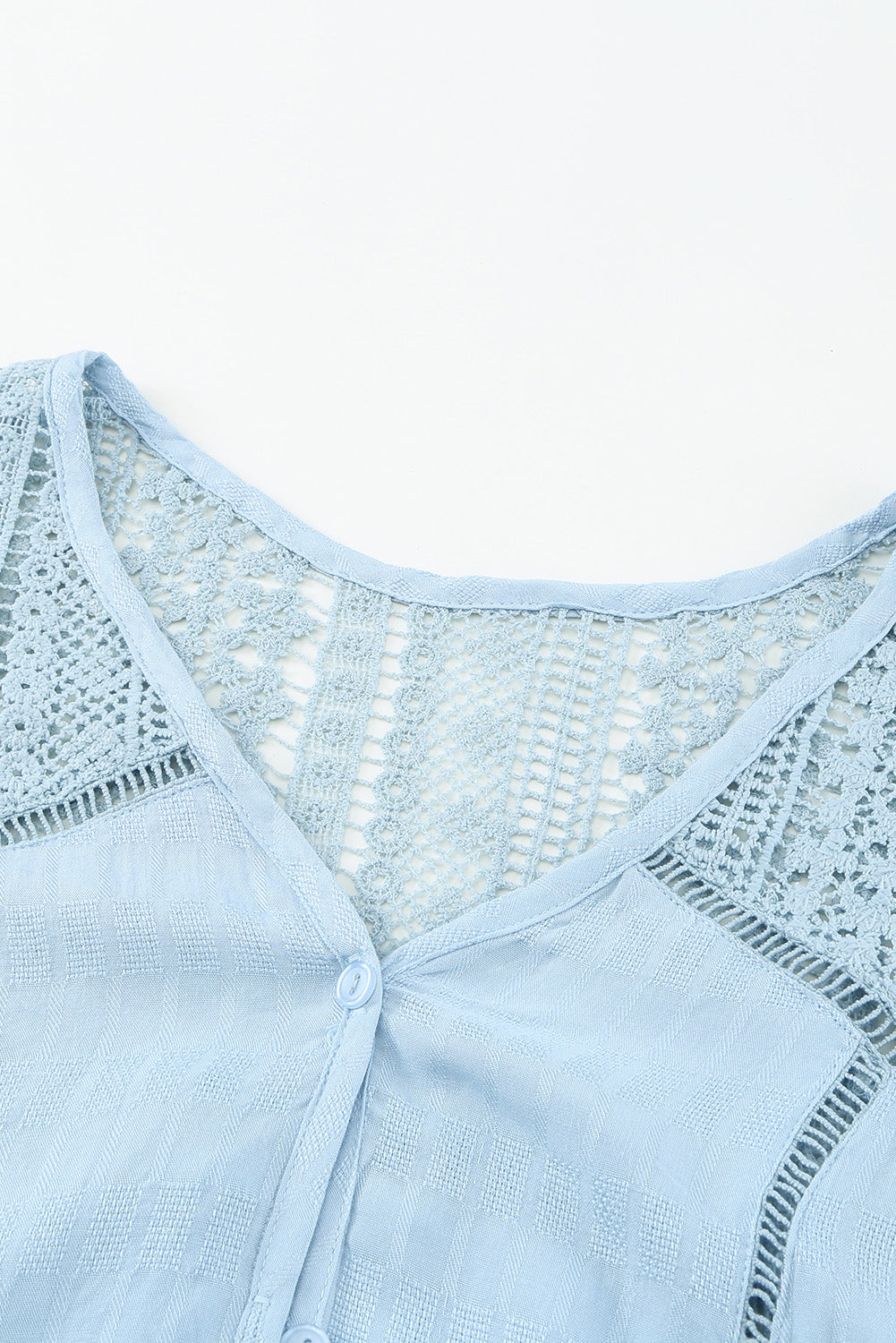 Sky Blue V Neck Lace Crochet Short Sleeve Shirt