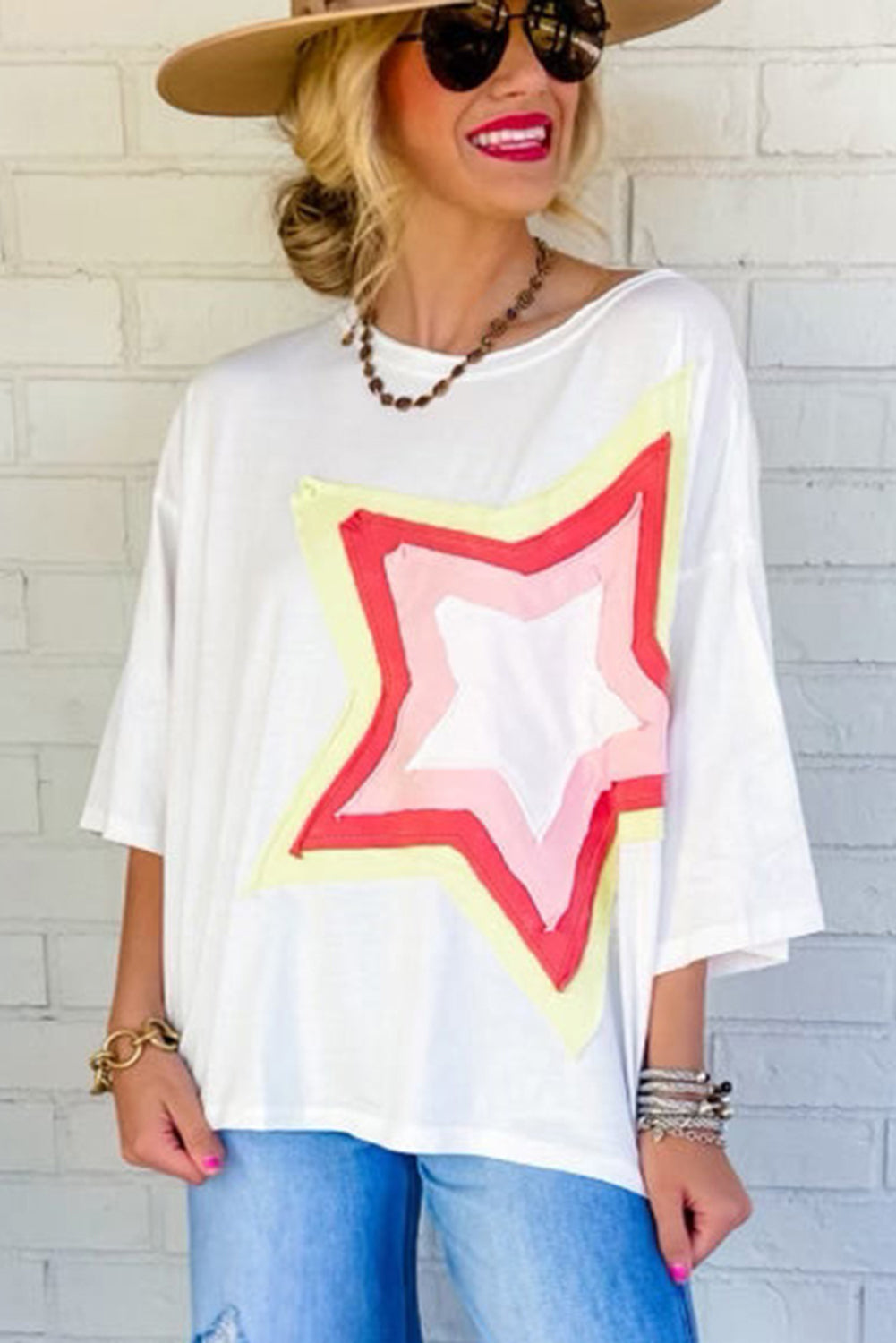 T-shirt oversize a mezza manica con stella colorblock bianca
