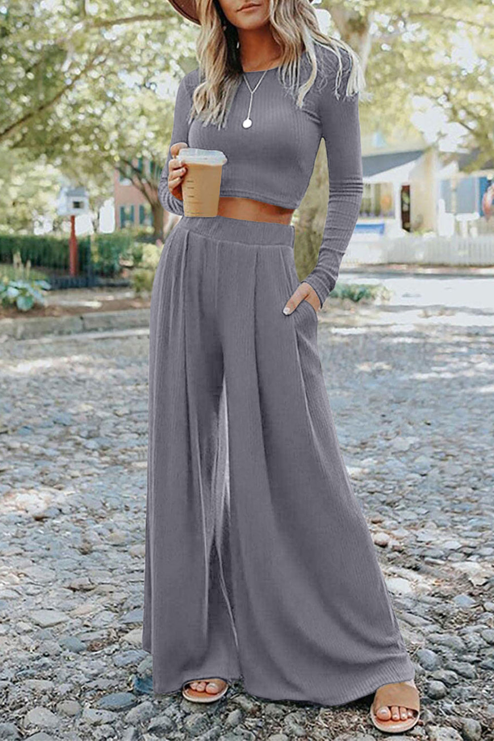 Gray Solid Color Ribbed Crop Top Long Pants Set