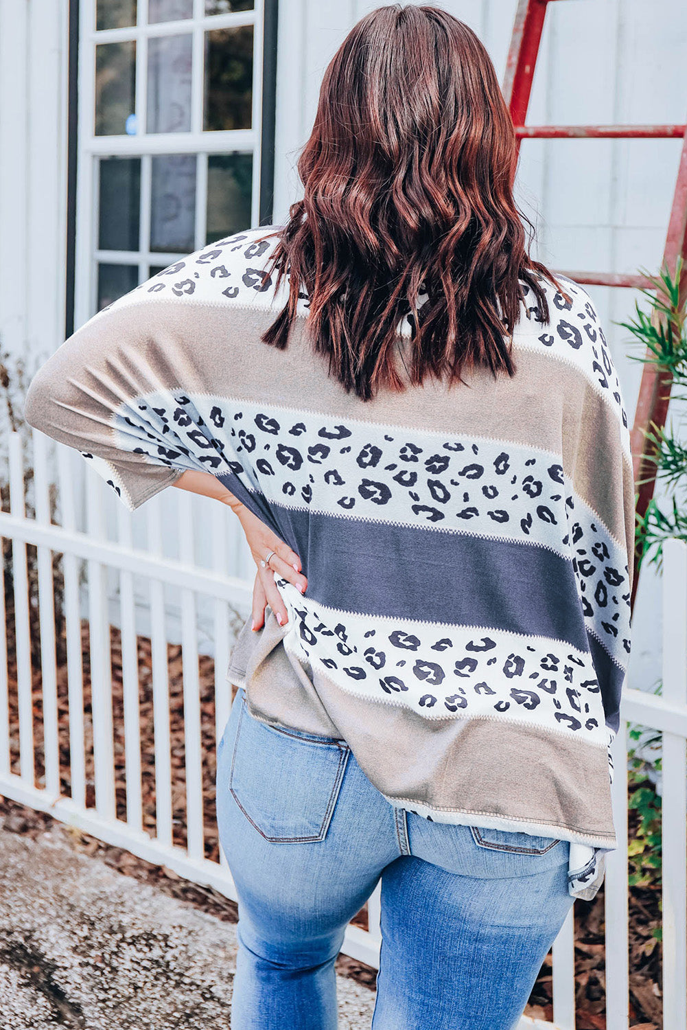 Gray Plus Size Leopard Striped Color Block Oversized Top