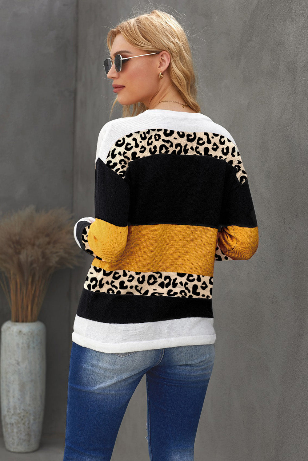 Crewneck Leopard Color Block Knit Pullover Sweater
