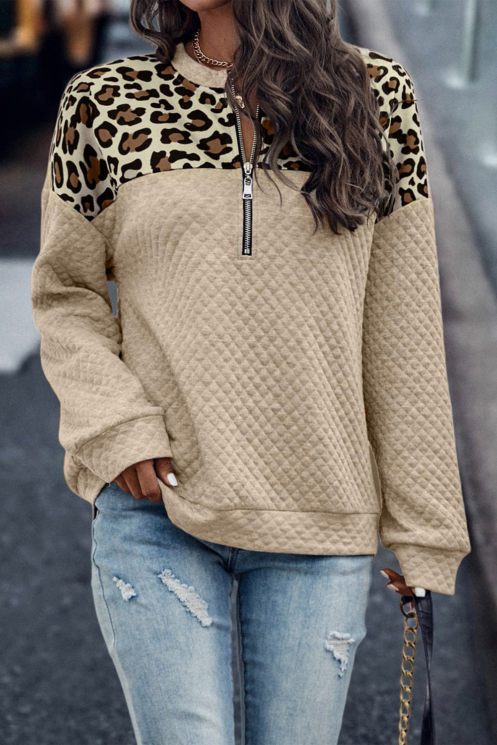 Gray Leopard Splicing Drop Shoulder Zipped Sweatshirt