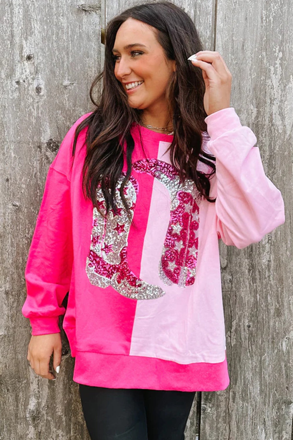 Sweatshirt mit Cowgirl-Stiefel-Grafik und Pailletten in Pink