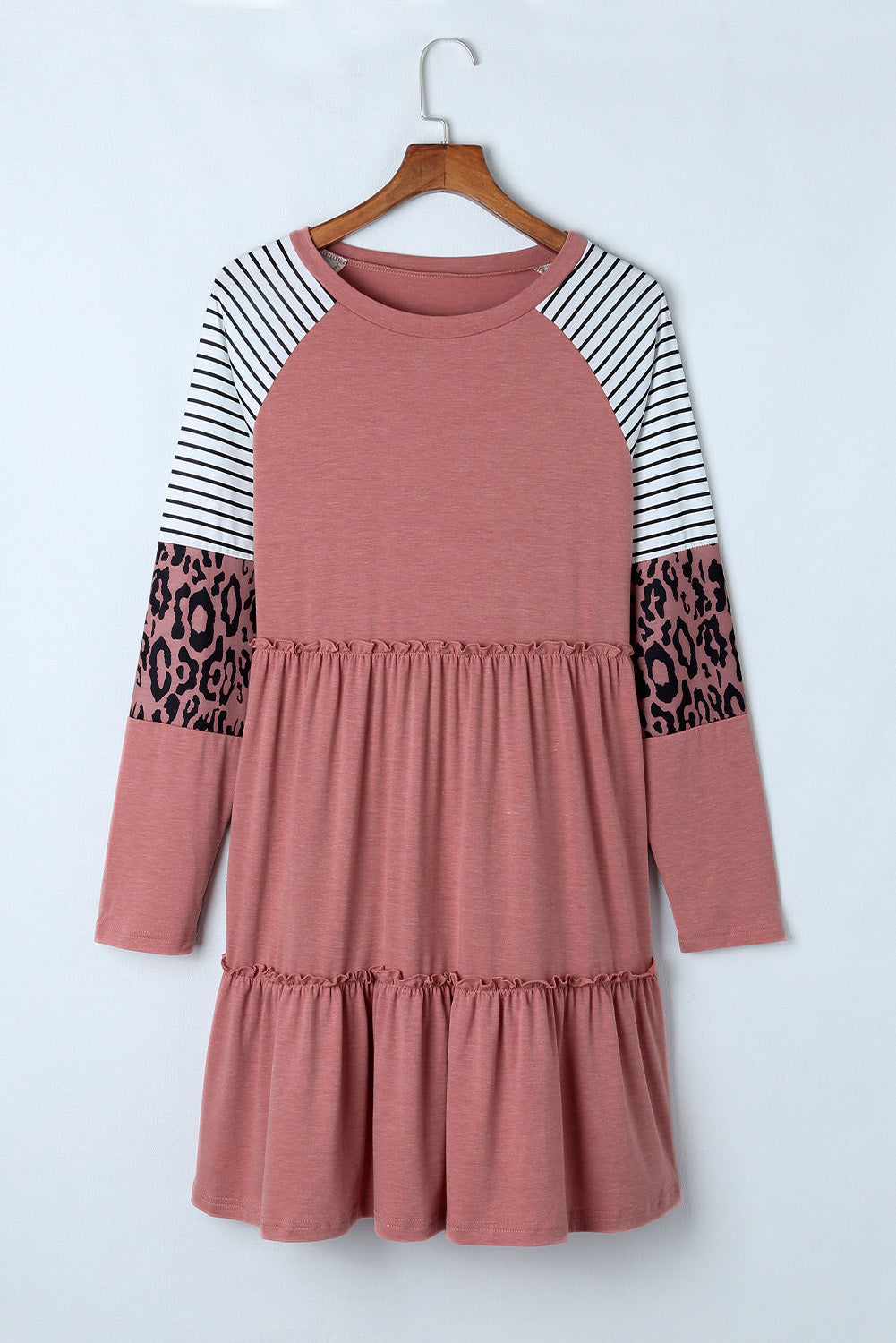 Ružičasta prugasta leopard patchwork mini haljina dugih rukava