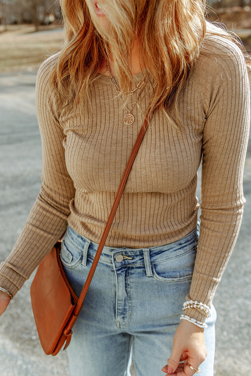 Apricot Ribbed Knit Round Neck Sweater