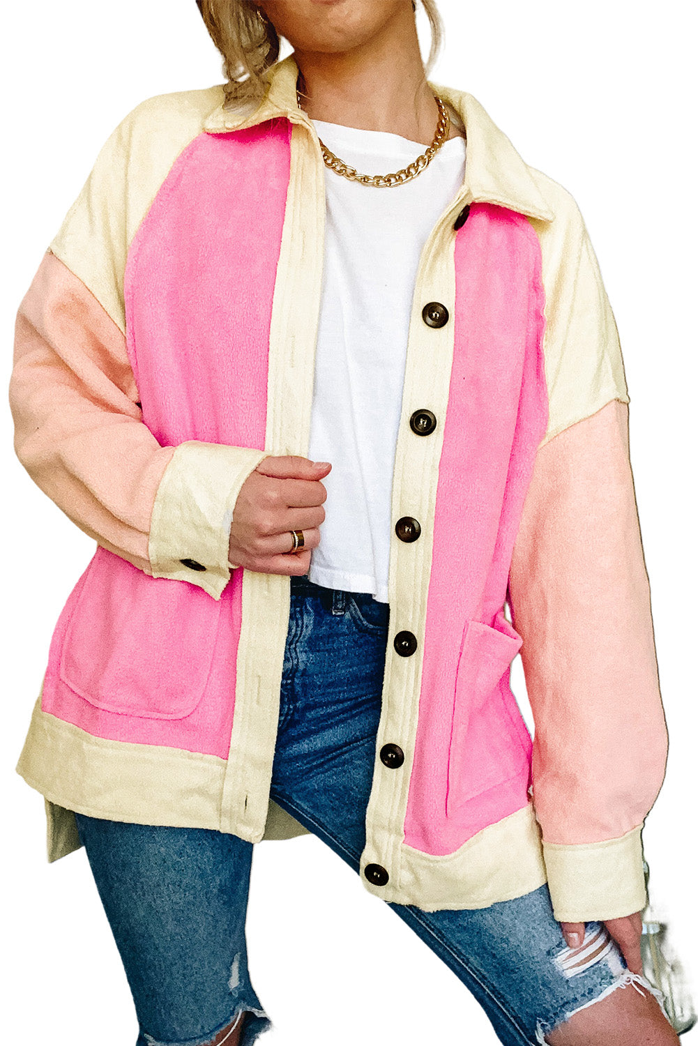 Giacca in pile alto basso patchwork color block rosa
