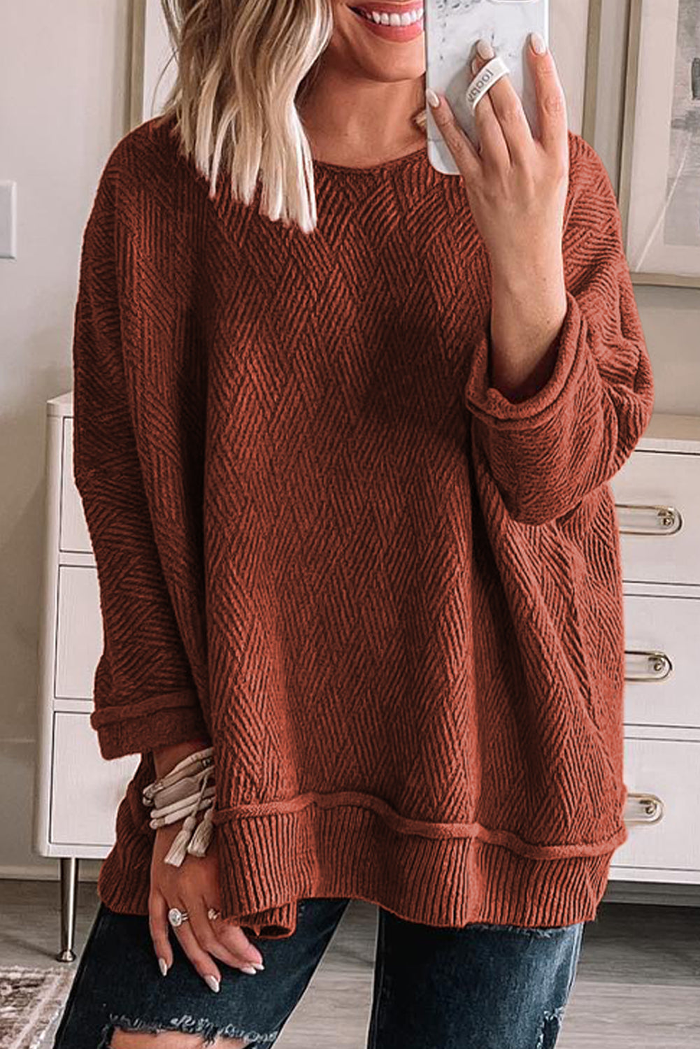Široki pulover s okruglim izrezom jednobojne teksture Gold Flame