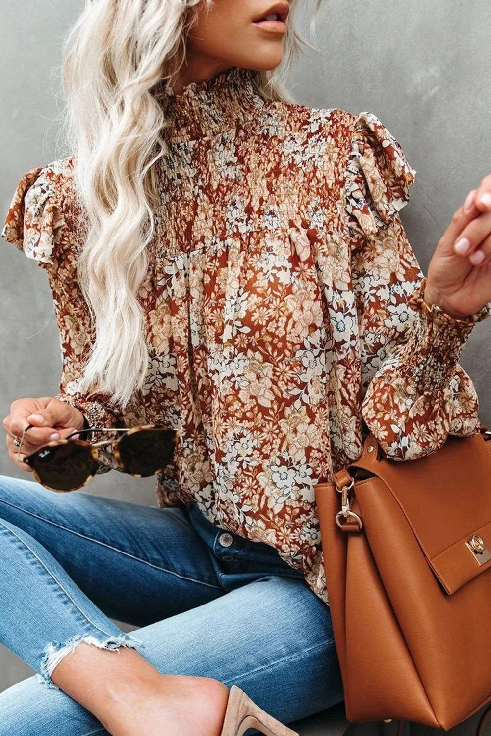 Gold Flame Floral Smocked Sleeve High Neck Ruffled Blouse