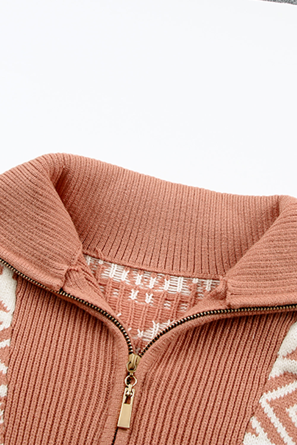 Pink Geometry Knit Quarter Zip Sweater