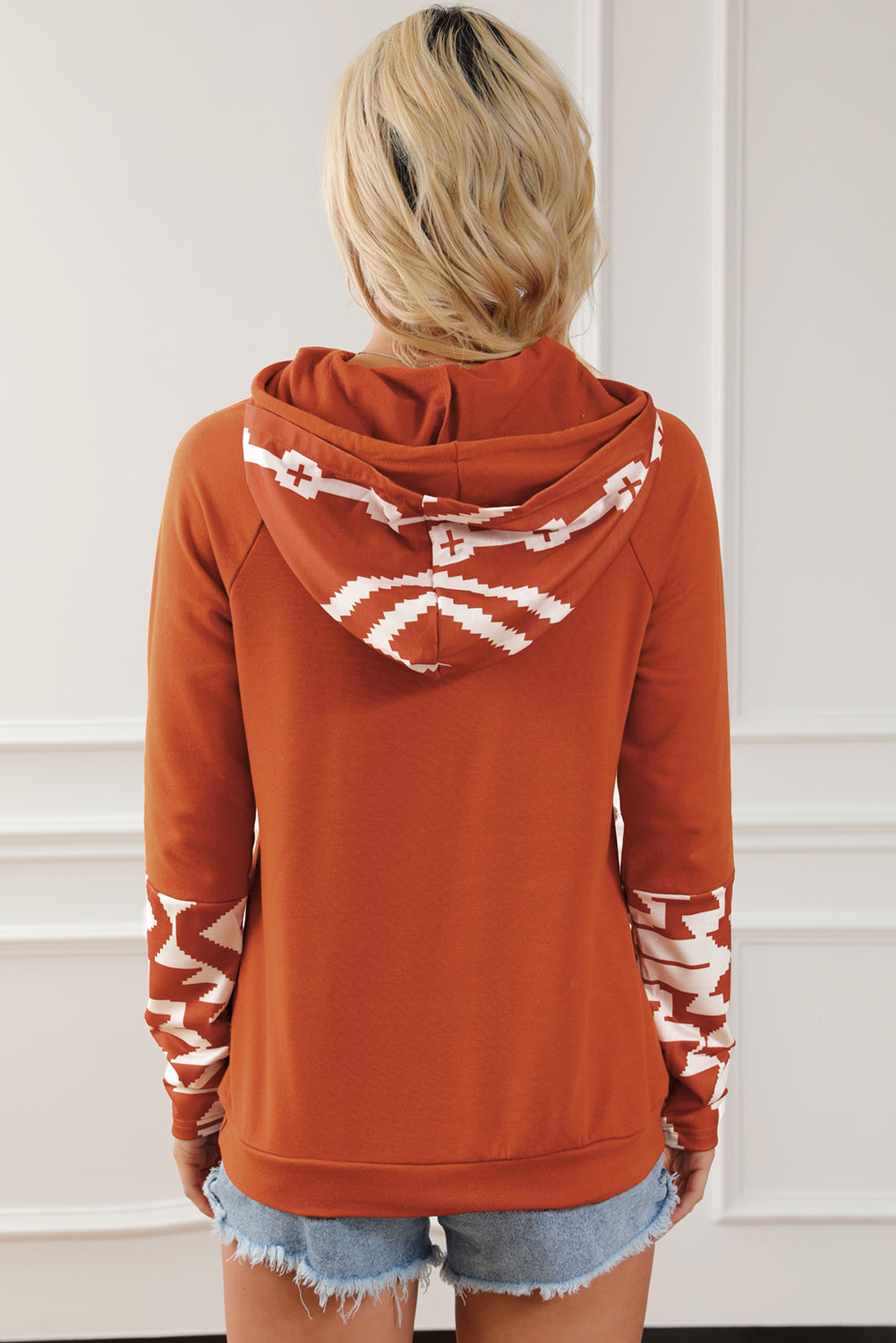 Brown Aztec Print Patchwork Thumb Hole Hoodie