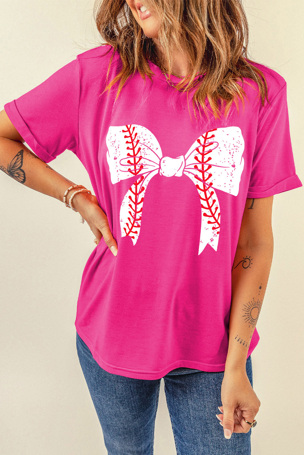 Rosarotes Baseball-Bowknot-Grafik-Freizeit-T-Shirt